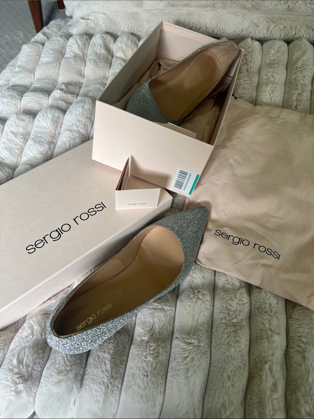 NEW Sergio Rossi Silver Glitter Pointed Kitten heels with dust bag